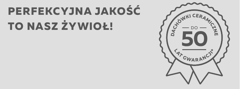 Slogan in Polish: 'Perfekcyjna jakość to nasz żywioł!' with a 50-year ceramic tile warranty badge on the right.