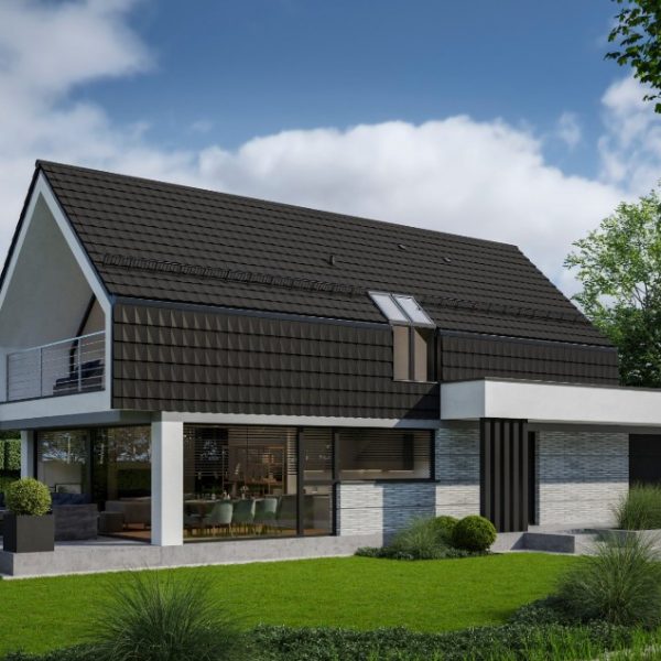 Realizacja dachu i elewacji – budynek z pokryciem z dachówki ceramicznej Wienerberger V9 oraz wykończoną elewacją
