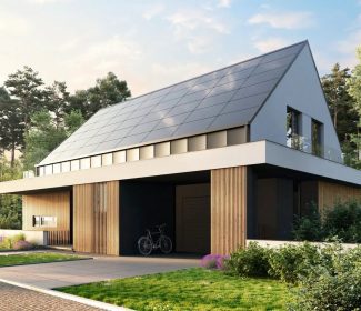 Dom jednorodzinny z nowoczesnym dachem w systemie MyRoof – zintegrowane panele fotowoltaiczne tworzące jednolitą, elegancką powierzchnię.