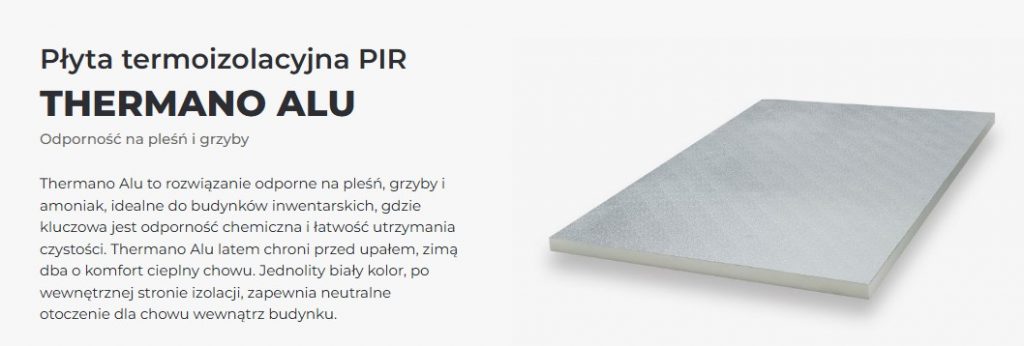 Płyta termoizolacyjna Balex Thermano Alu z rdzeniem PIR i aluminiową okładziną, stosowana do izolacji dachów, ścian i podłóg