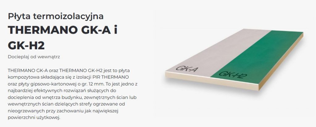 Płyta izolacyjna Thermano GK z rdzeniem PIR zintegrowana z płytą gipsowo-kartonową, przeznaczona do ocieplania ścian od wewnątrz